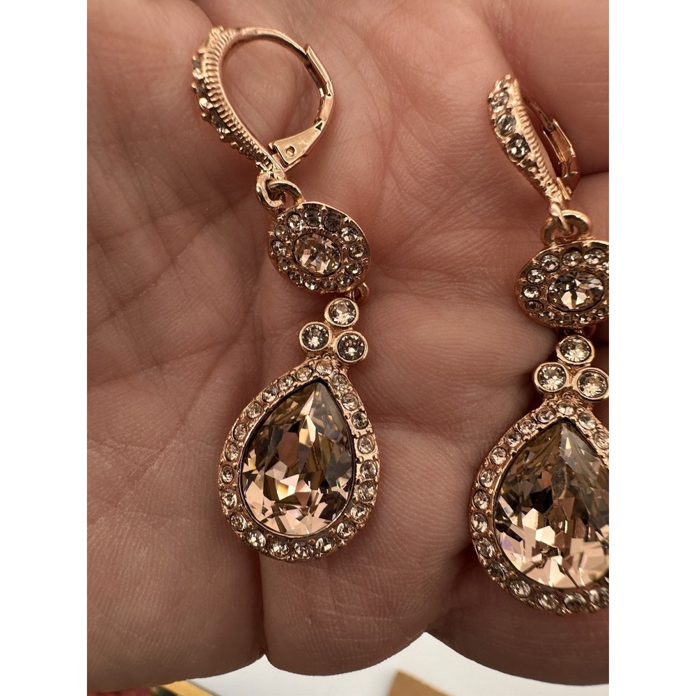 Givenchy Rose Gold Swarovski Crystal Linear Earrings Lever Back Drop Style Bling - Picture 4 of 10